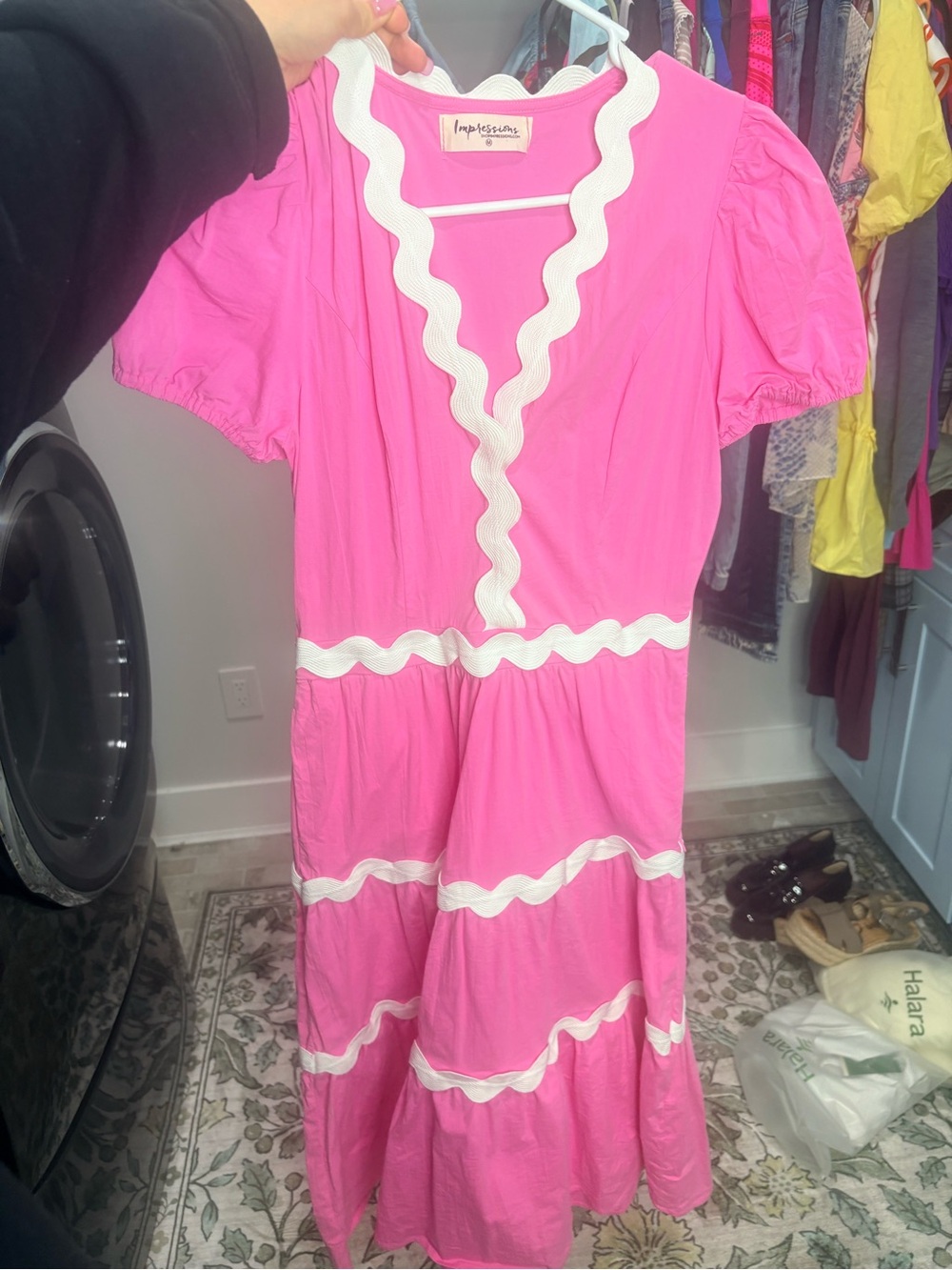 Impressions Pink Top with White Scalloped Trim